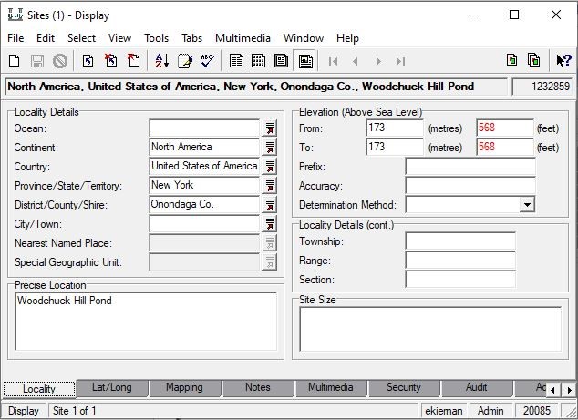 Example of a completed Locality tab of a Sites record.