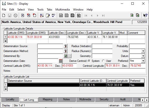 Example of a completed sites record when coordinates are provided on a specimen label.